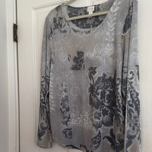 Chico's Silver and Gray Floral-Print Long Sleeve Scoop Neck Top
